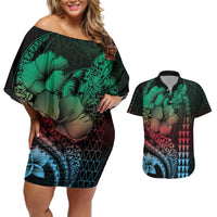 Hawaiian Sea Turtle Couples Matching Off Shoulder Short Dress and Hawaiian Shirt Green Hibiscus Flowers and Kakau Pattern