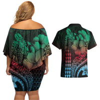 Hawaiian Sea Turtle Couples Matching Off Shoulder Short Dress and Hawaiian Shirt Green Hibiscus Flowers and Kakau Pattern