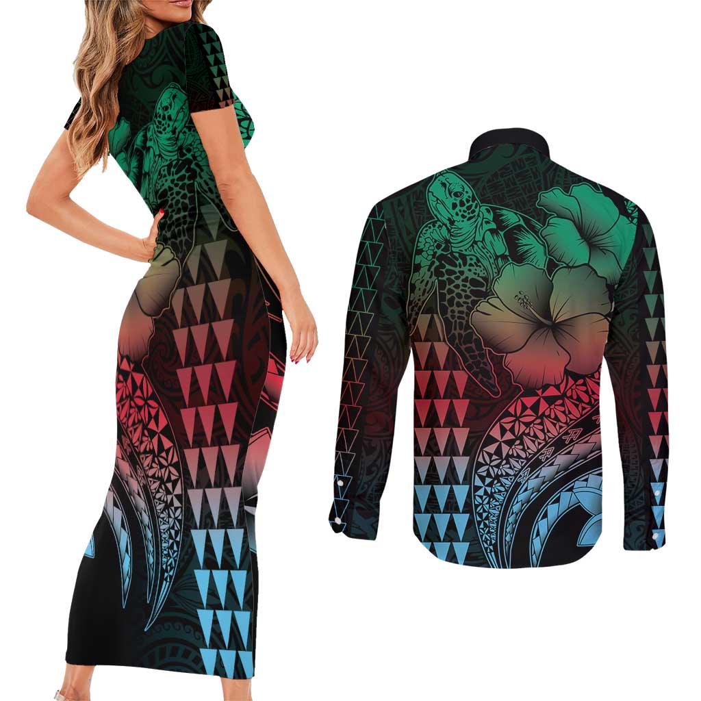 Hawaiian Sea Turtle Couples Matching Short Sleeve Bodycon Dress and Long Sleeve Button Shirt Green Hibiscus Flowers and Kakau Pattern