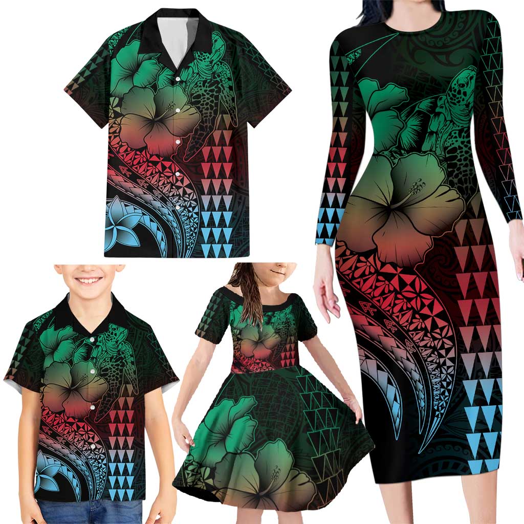 Hawaiian Sea Turtle Family Matching Long Sleeve Bodycon Dress and Hawaiian Shirt Green Hibiscus Flowers and Kakau Pattern