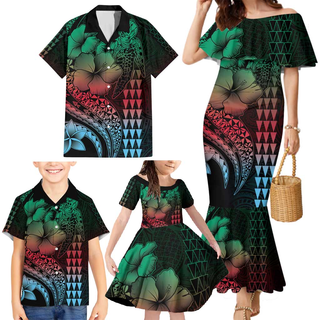 Hawaiian Sea Turtle Family Matching Mermaid Dress and Hawaiian Shirt Green Hibiscus Flowers and Kakau Pattern