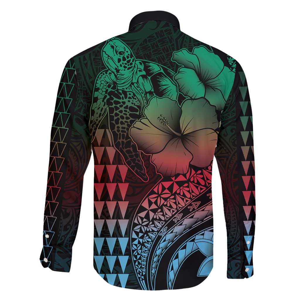 Hawaiian Sea Turtle Family Matching Mermaid Dress and Hawaiian Shirt Green Hibiscus Flowers and Kakau Pattern