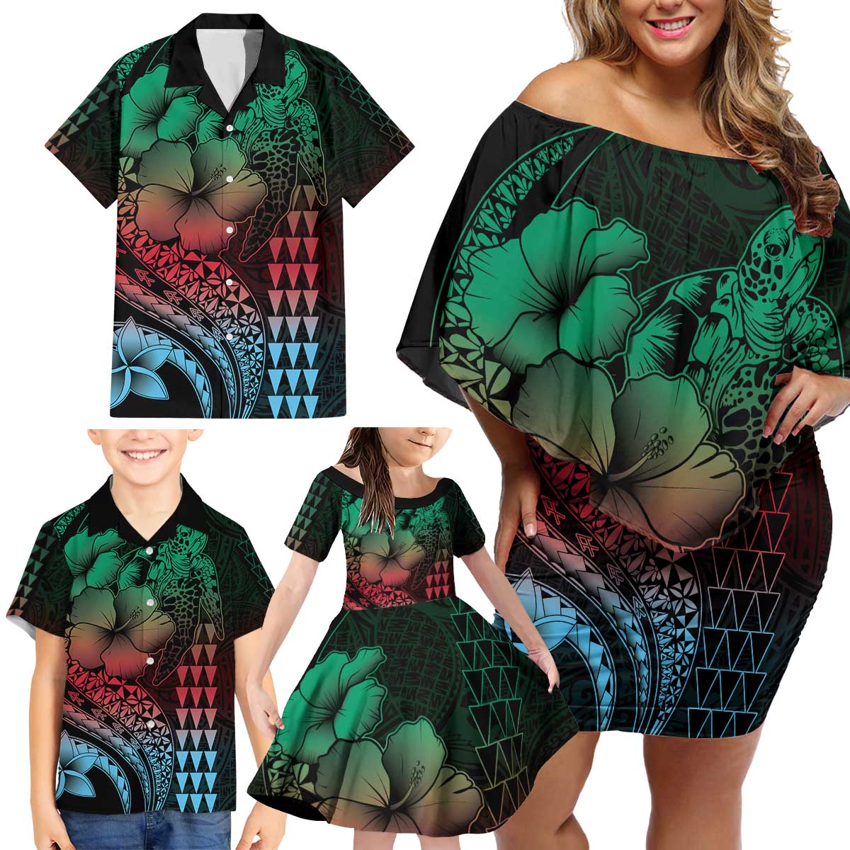 Hawaiian Sea Turtle Family Matching Off Shoulder Short Dress and Hawaiian Shirt Green Hibiscus Flowers and Kakau Pattern