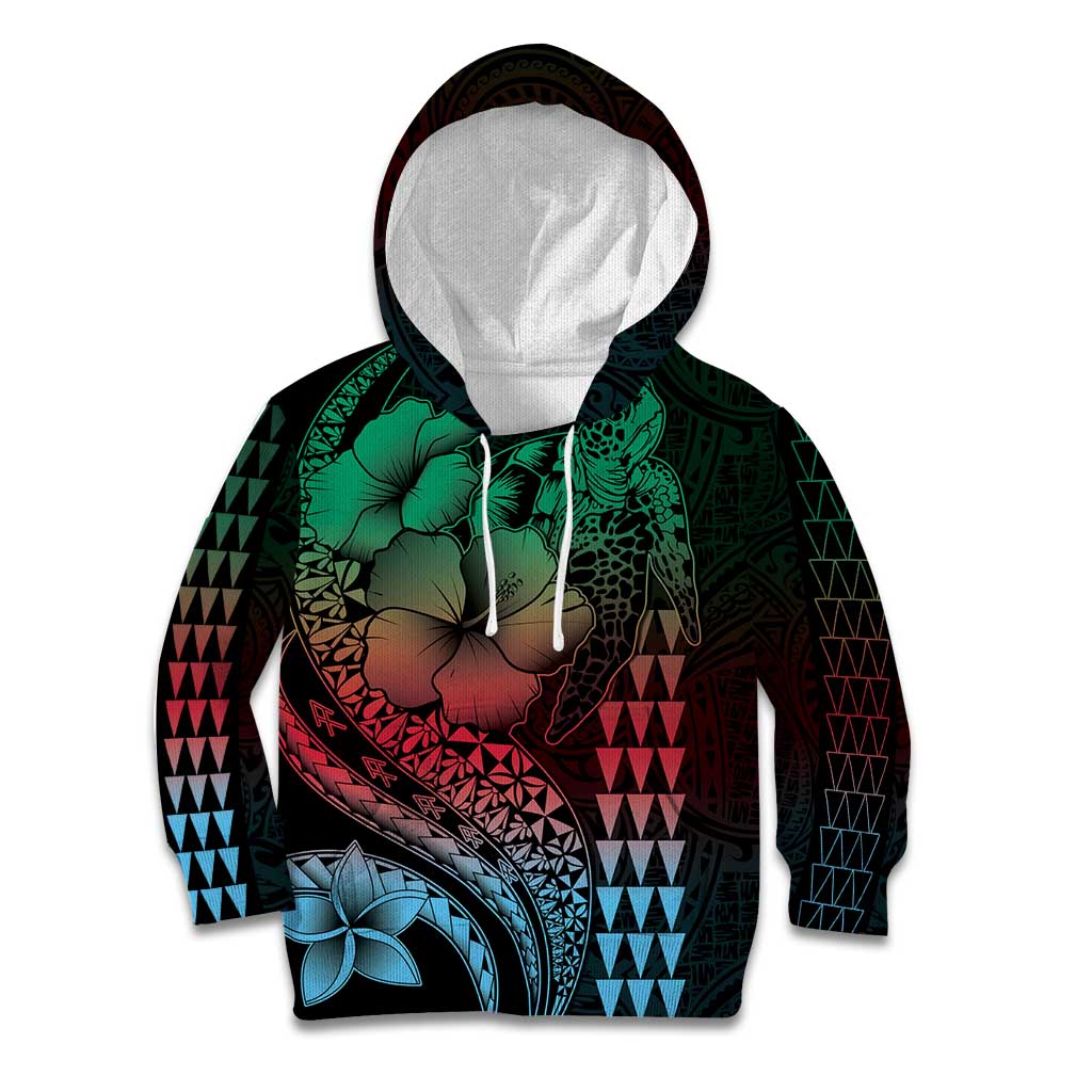 Hawaiian Sea Turtle Kid Hoodie Green Hibiscus Flowers and Kakau Pattern