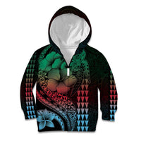 Hawaiian Sea Turtle Kid Hoodie Green Hibiscus Flowers and Kakau Pattern