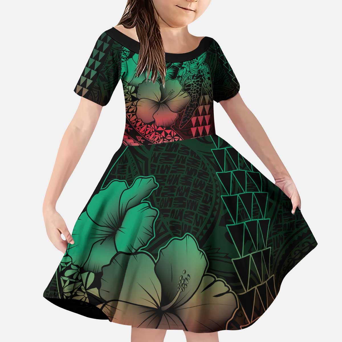 Hawaiian Sea Turtle Kid Short Sleeve Dress Green Hibiscus Flowers and Kakau Pattern