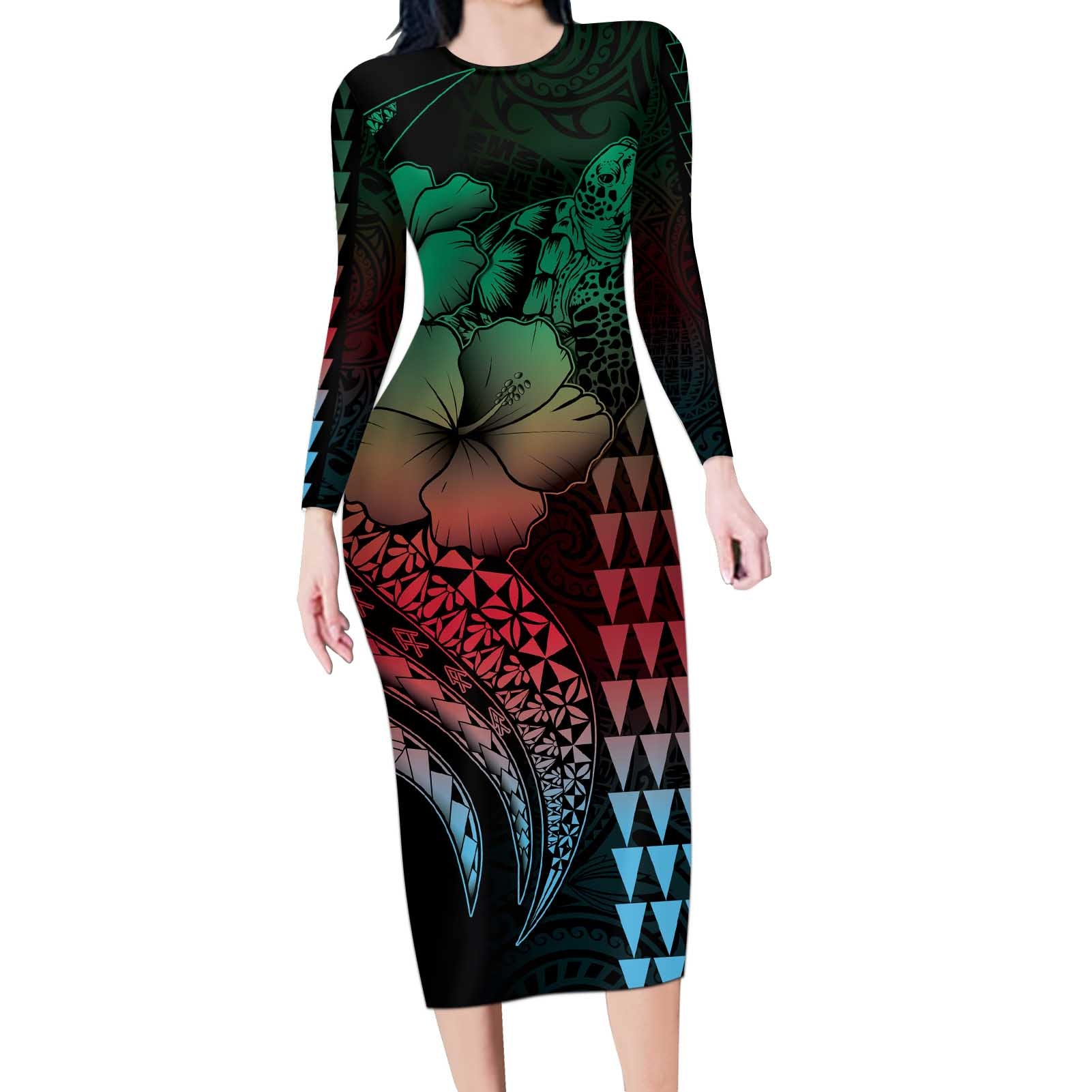 Hawaiian Sea Turtle Long Sleeve Bodycon Dress Green Hibiscus Flowers and Kakau Pattern