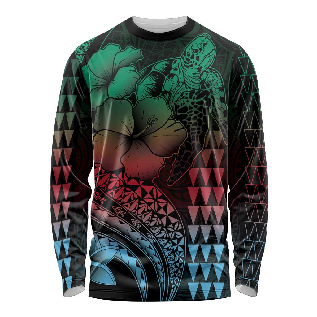 Hawaiian Sea Turtle Long Sleeve Shirt Green Hibiscus Flowers and Kakau Pattern