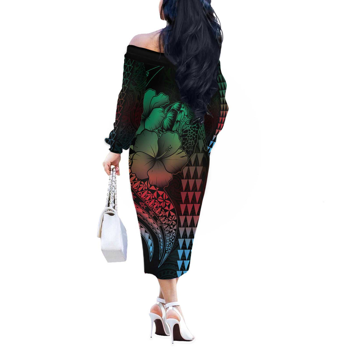 Hawaiian Sea Turtle Off The Shoulder Long Sleeve Dress Green Hibiscus Flowers and Kakau Pattern