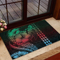 Hawaiian Sea Turtle Rubber Doormat Green Hibiscus Flowers and Kakau Pattern