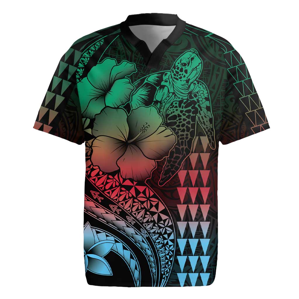 Hawaiian Sea Turtle Rugby Jersey Green Hibiscus Flowers and Kakau Pattern