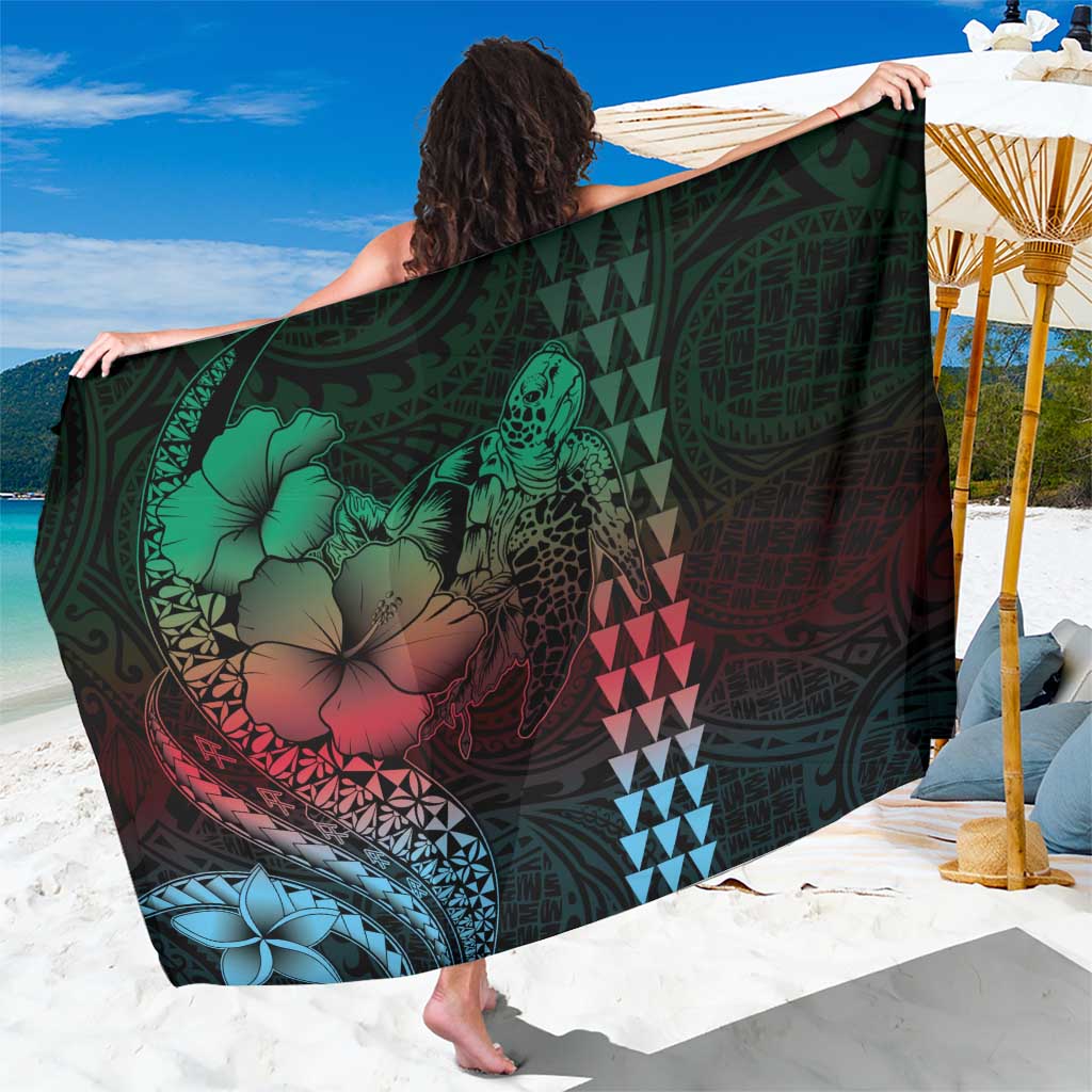 Hawaiian Sea Turtle Sarong Green Hibiscus Flowers and Kakau Pattern