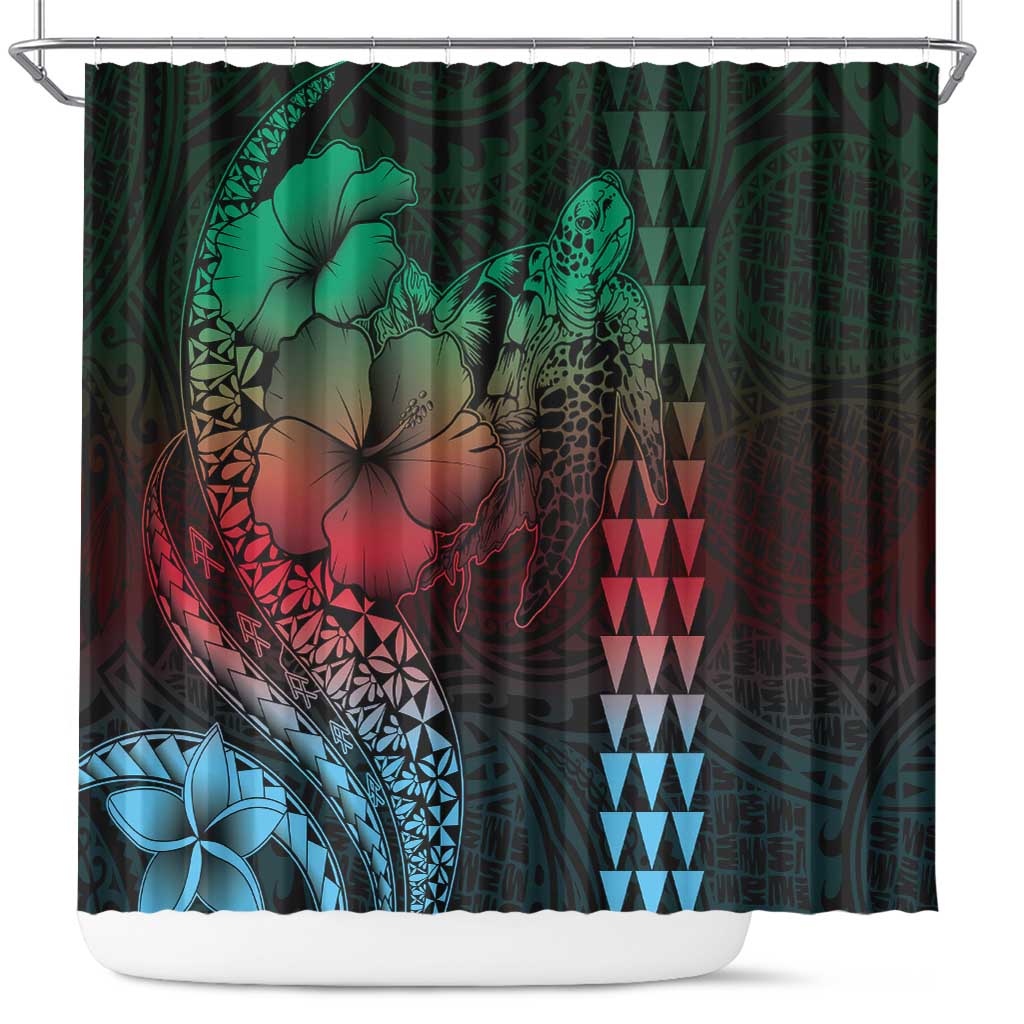 Hawaiian Sea Turtle Shower Curtain Green Hibiscus Flowers and Kakau Pattern