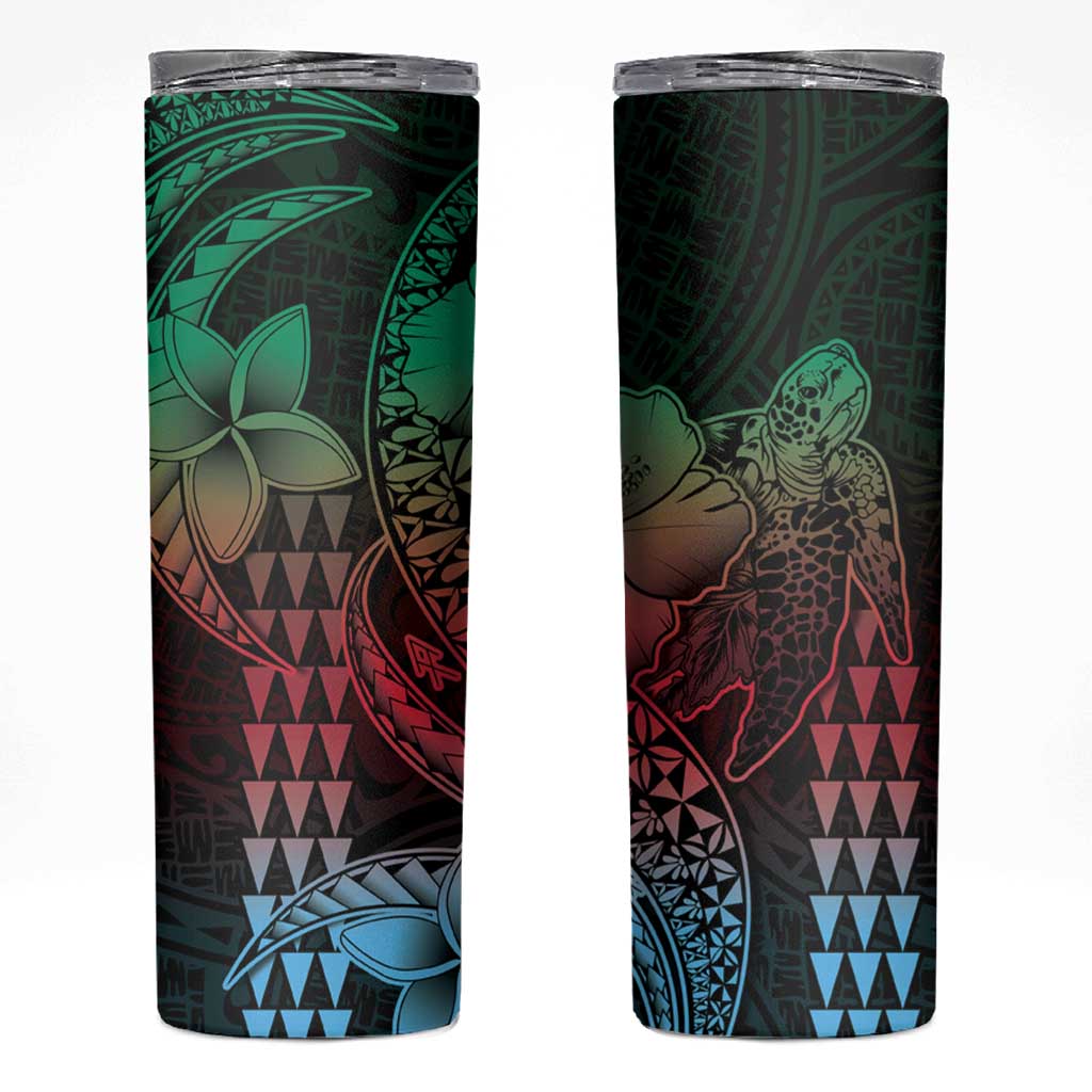 Hawaiian Sea Turtle Skinny Tumbler Green Hibiscus Flowers and Kakau Pattern