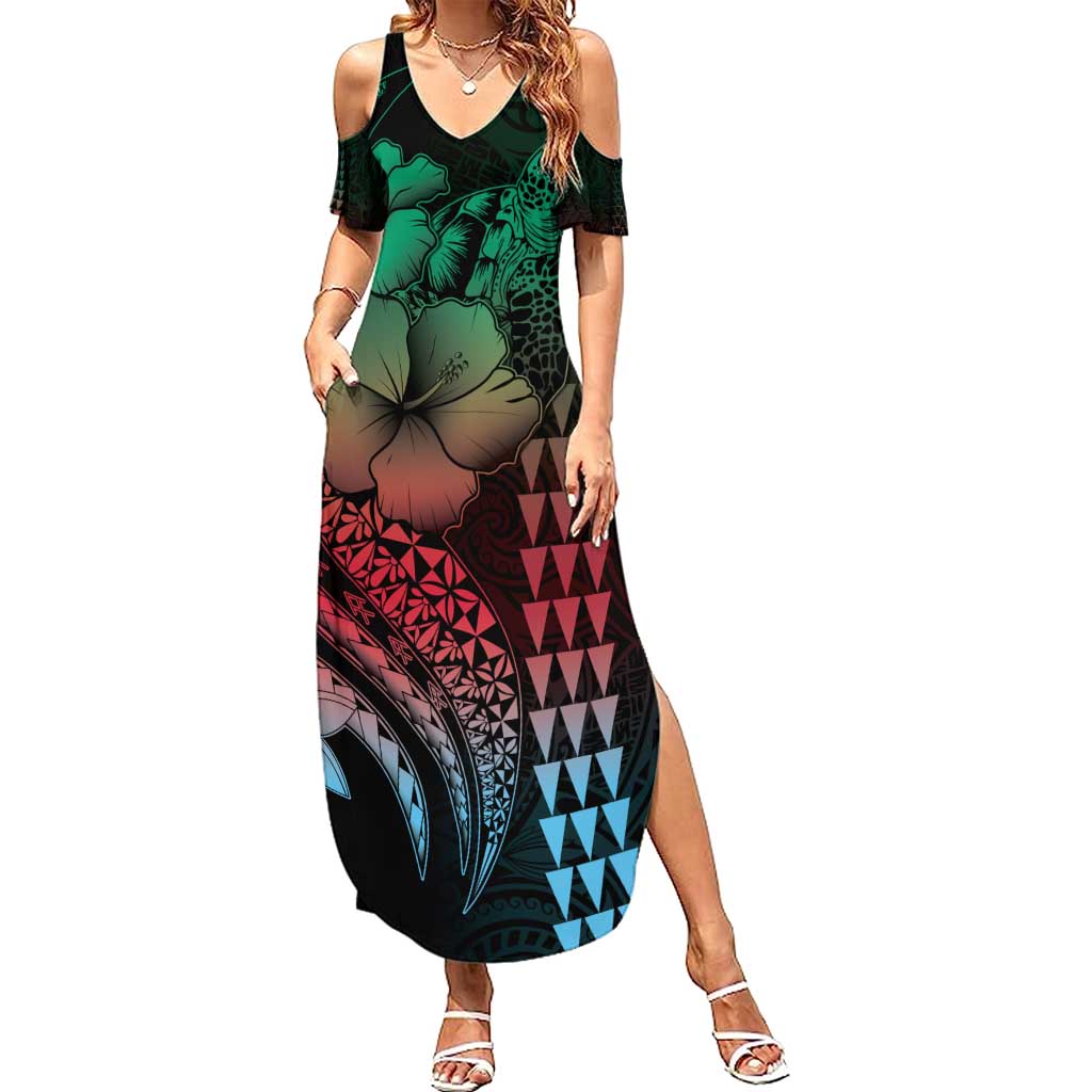 Hawaiian Sea Turtle Summer Maxi Dress Green Hibiscus Flowers and Kakau Pattern