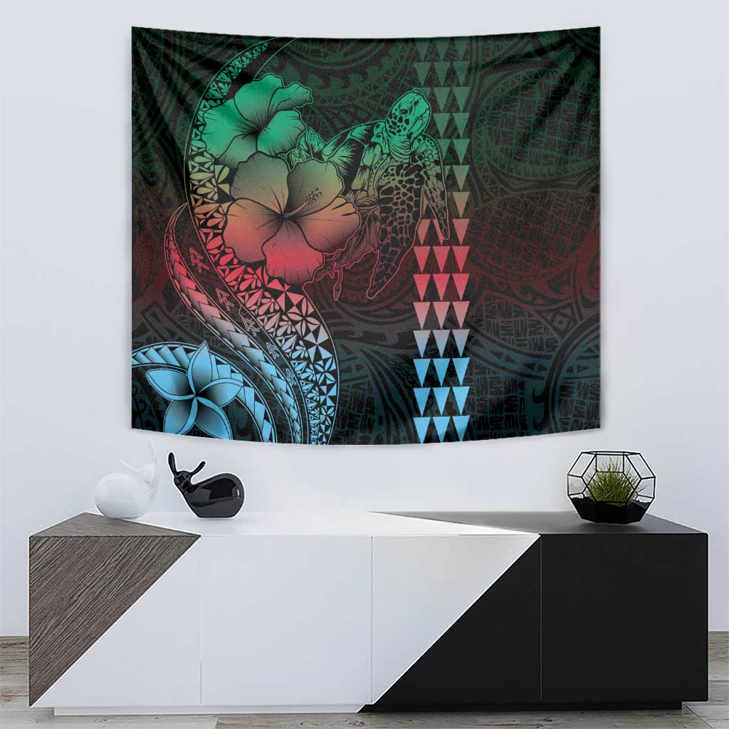 Hawaiian Sea Turtle Tapestry Green Hibiscus Flowers and Kakau Pattern