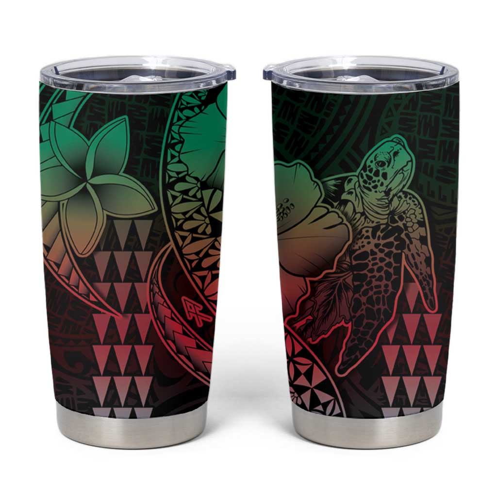 Hawaiian Sea Turtle Tumbler Cup Green Hibiscus Flowers and Kakau Pattern