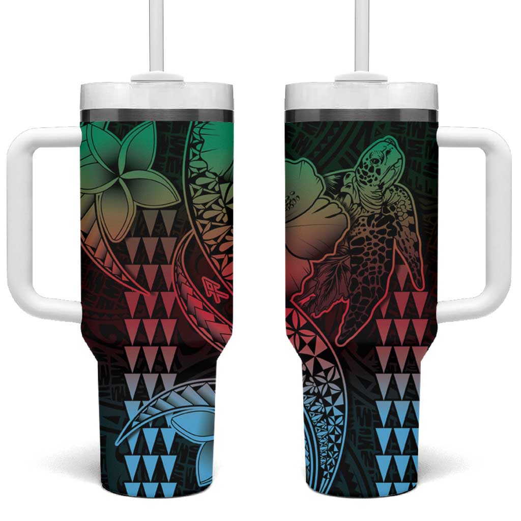 Hawaiian Sea Turtle Tumbler With Handle Green Hibiscus Flowers and Kakau Pattern