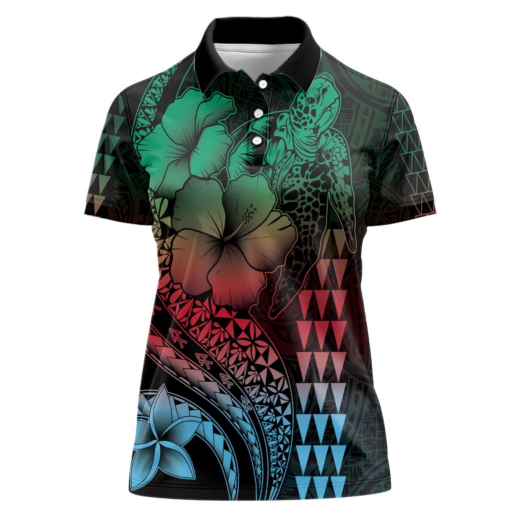 Hawaiian Sea Turtle Women Polo Shirt Green Hibiscus Flowers and Kakau Pattern