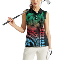 Hawaiian Sea Turtle Women Sleeveless Polo Shirt Green Hibiscus Flowers and Kakau Pattern