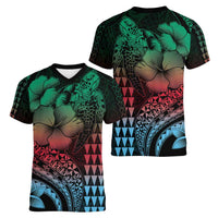 Hawaiian Sea Turtle Women V-Neck T-Shirt Green Hibiscus Flowers and Kakau Pattern
