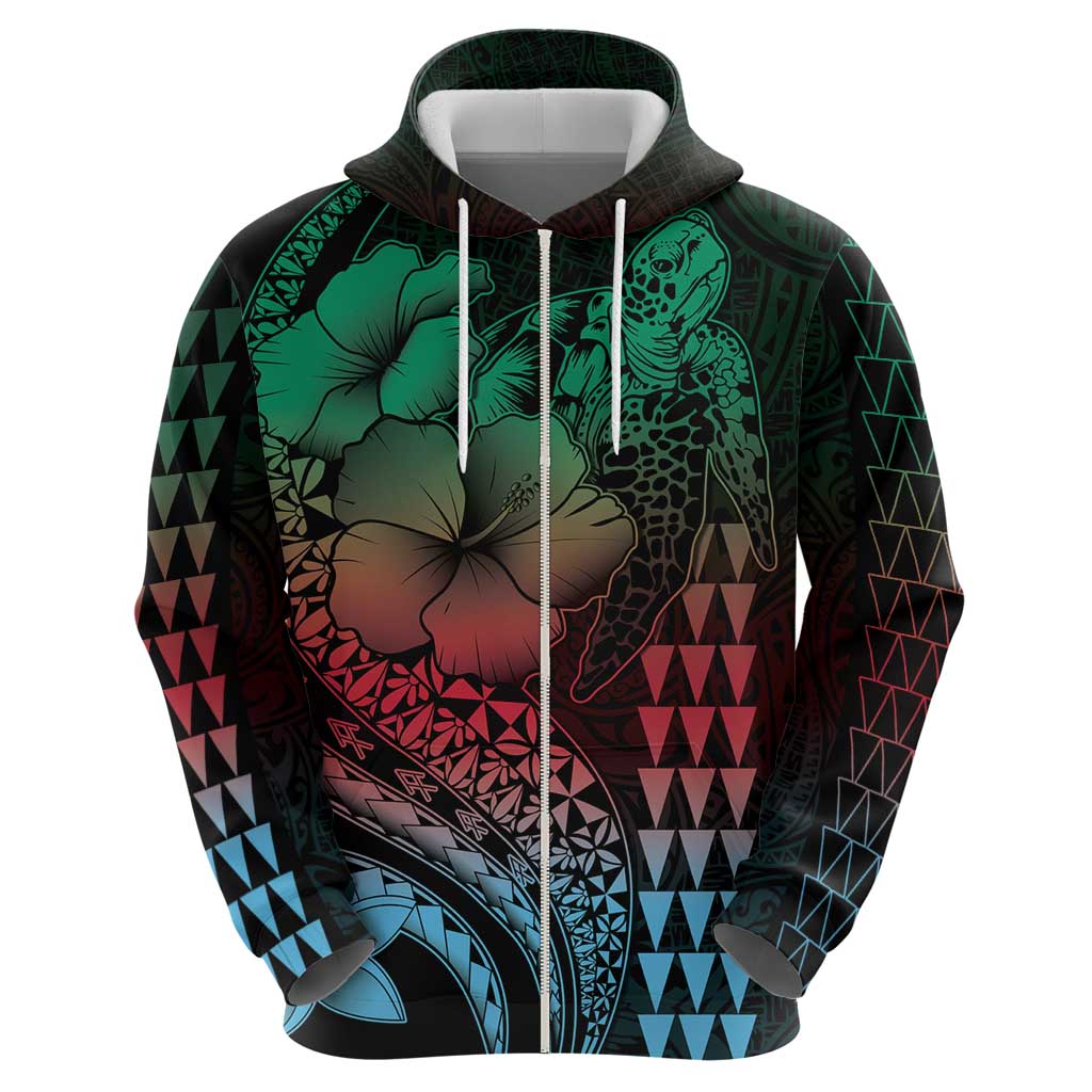 Hawaiian Sea Turtle Zip Hoodie Green Hibiscus Flowers and Kakau Pattern