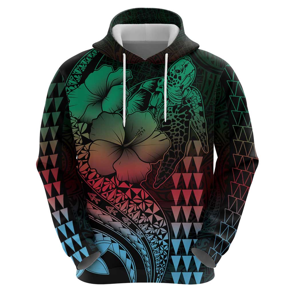 Hawaiian Sea Turtle Zip Hoodie Green Hibiscus Flowers and Kakau Pattern