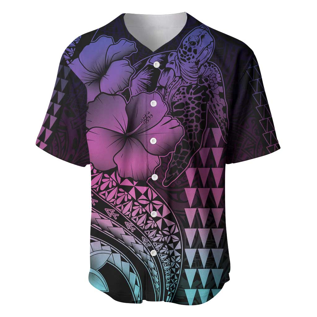 Hawaiian Sea Turtle Baseball Jersey Pink Hibiscus Flowers and Kakau Pattern