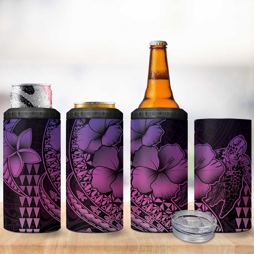 Hawaiian Sea Turtle 4 in 1 Can Cooler Tumbler Pink Hibiscus Flowers and Kakau Pattern