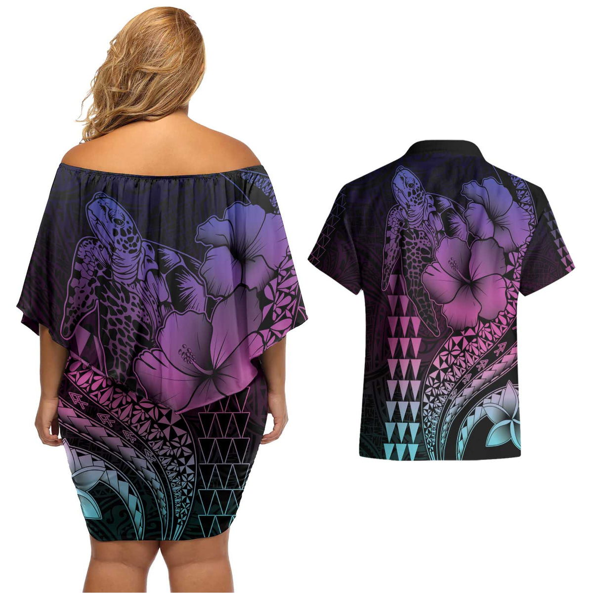 Hawaiian Sea Turtle Couples Matching Off Shoulder Short Dress and Hawaiian Shirt Pink Hibiscus Flowers and Kakau Pattern