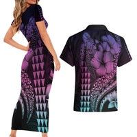 Hawaiian Sea Turtle Couples Matching Short Sleeve Bodycon Dress and Hawaiian Shirt Pink Hibiscus Flowers and Kakau Pattern