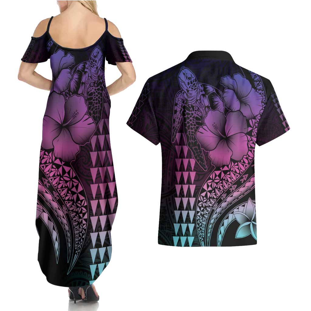 Hawaiian Sea Turtle Couples Matching Summer Maxi Dress and Hawaiian Shirt Pink Hibiscus Flowers and Kakau Pattern