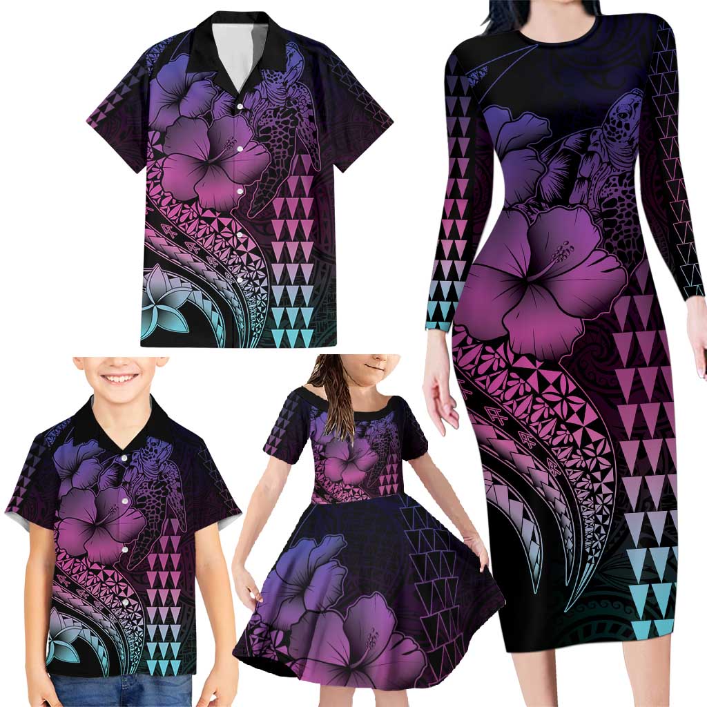 Hawaiian Sea Turtle Family Matching Long Sleeve Bodycon Dress and Hawaiian Shirt Pink Hibiscus Flowers and Kakau Pattern