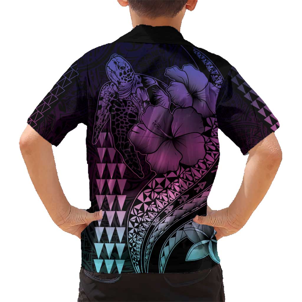 Hawaiian Sea Turtle Family Matching Short Sleeve Bodycon Dress and Hawaiian Shirt Pink Hibiscus Flowers and Kakau Pattern