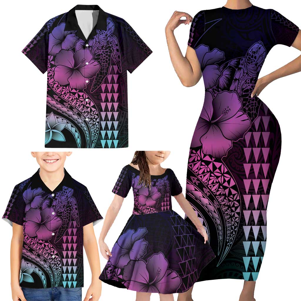 Hawaiian Sea Turtle Family Matching Short Sleeve Bodycon Dress and Hawaiian Shirt Pink Hibiscus Flowers and Kakau Pattern