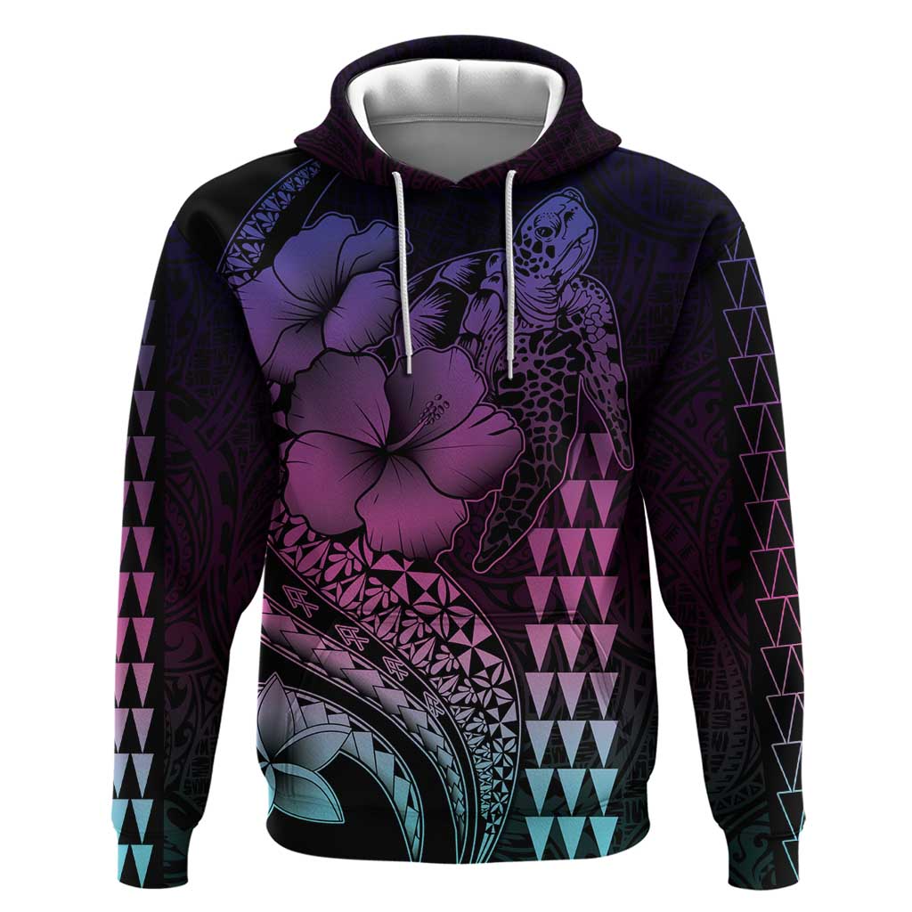 Hawaiian Sea Turtle Hoodie Pink Hibiscus Flowers and Kakau Pattern