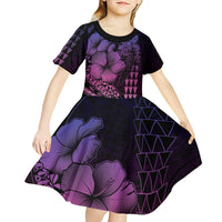 Hawaiian Sea Turtle Kid Short Sleeve Dress Pink Hibiscus Flowers and Kakau Pattern