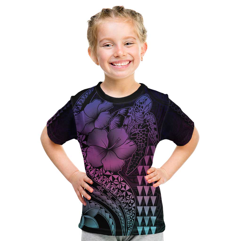 Hawaiian Sea Turtle Kid T Shirt Pink Hibiscus Flowers and Kakau Pattern