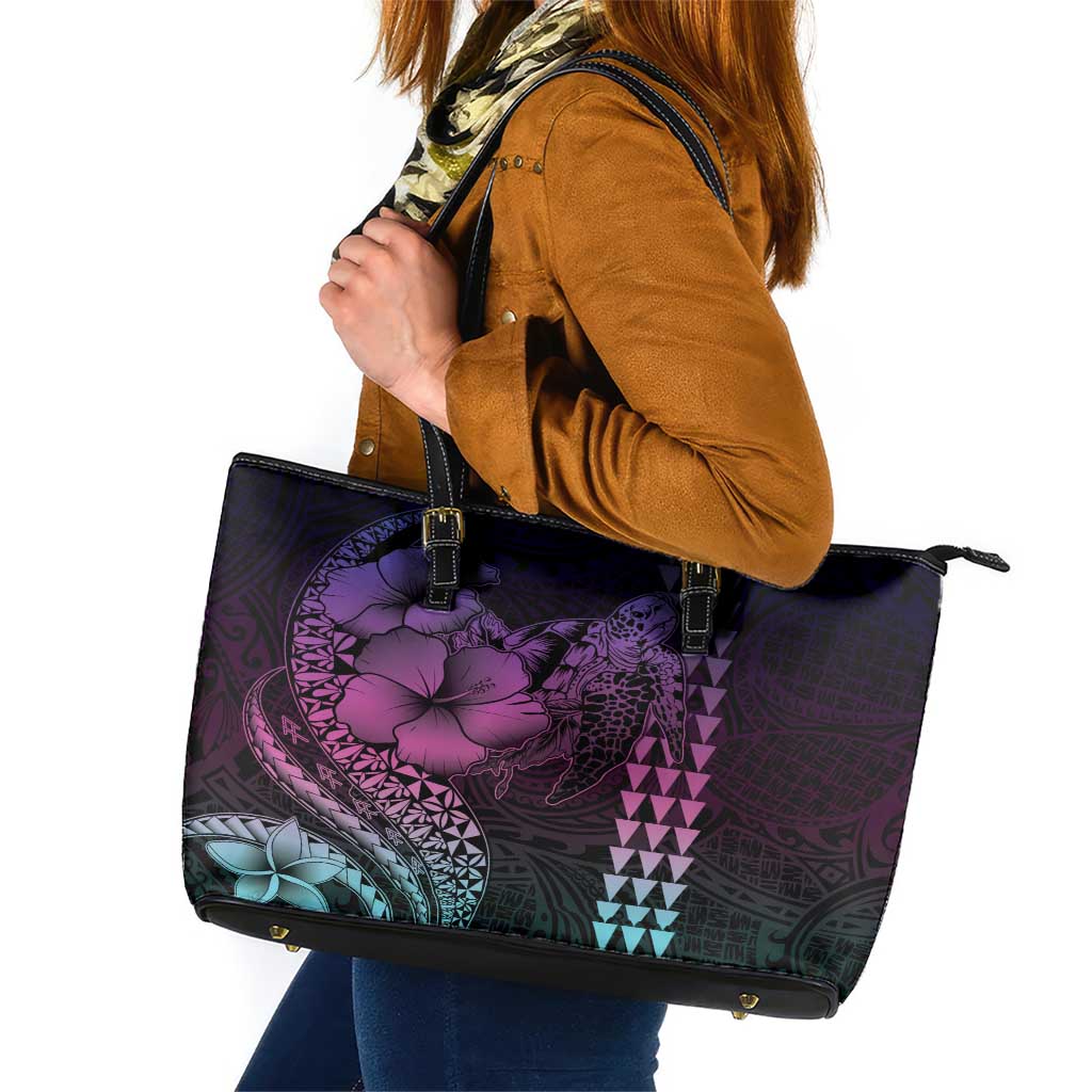 Hawaiian Sea Turtle Leather Tote Bag Pink Hibiscus Flowers and Kakau Pattern