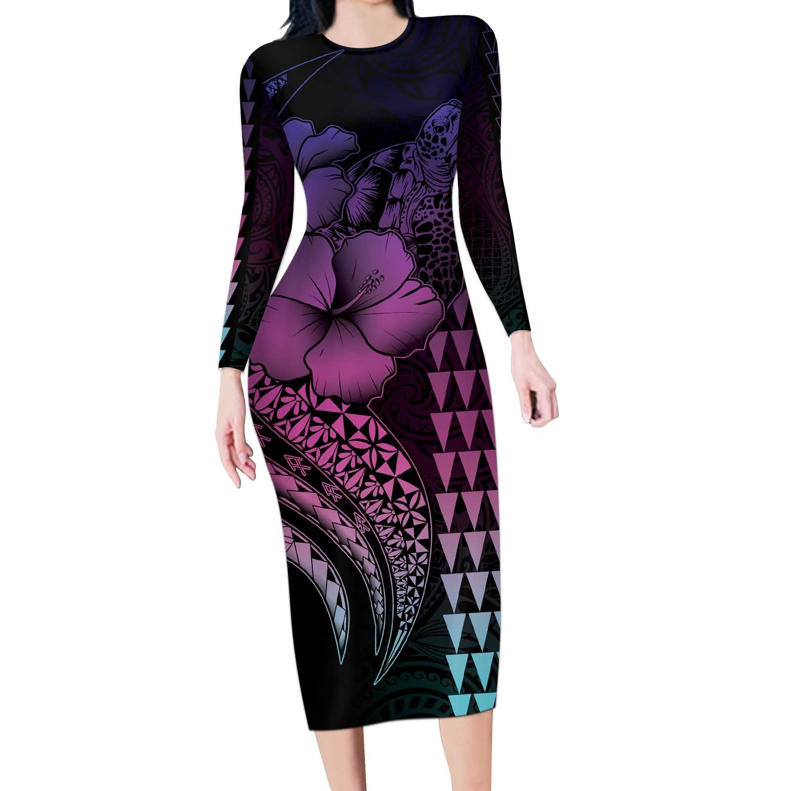 Hawaiian Sea Turtle Long Sleeve Bodycon Dress Pink Hibiscus Flowers and Kakau Pattern