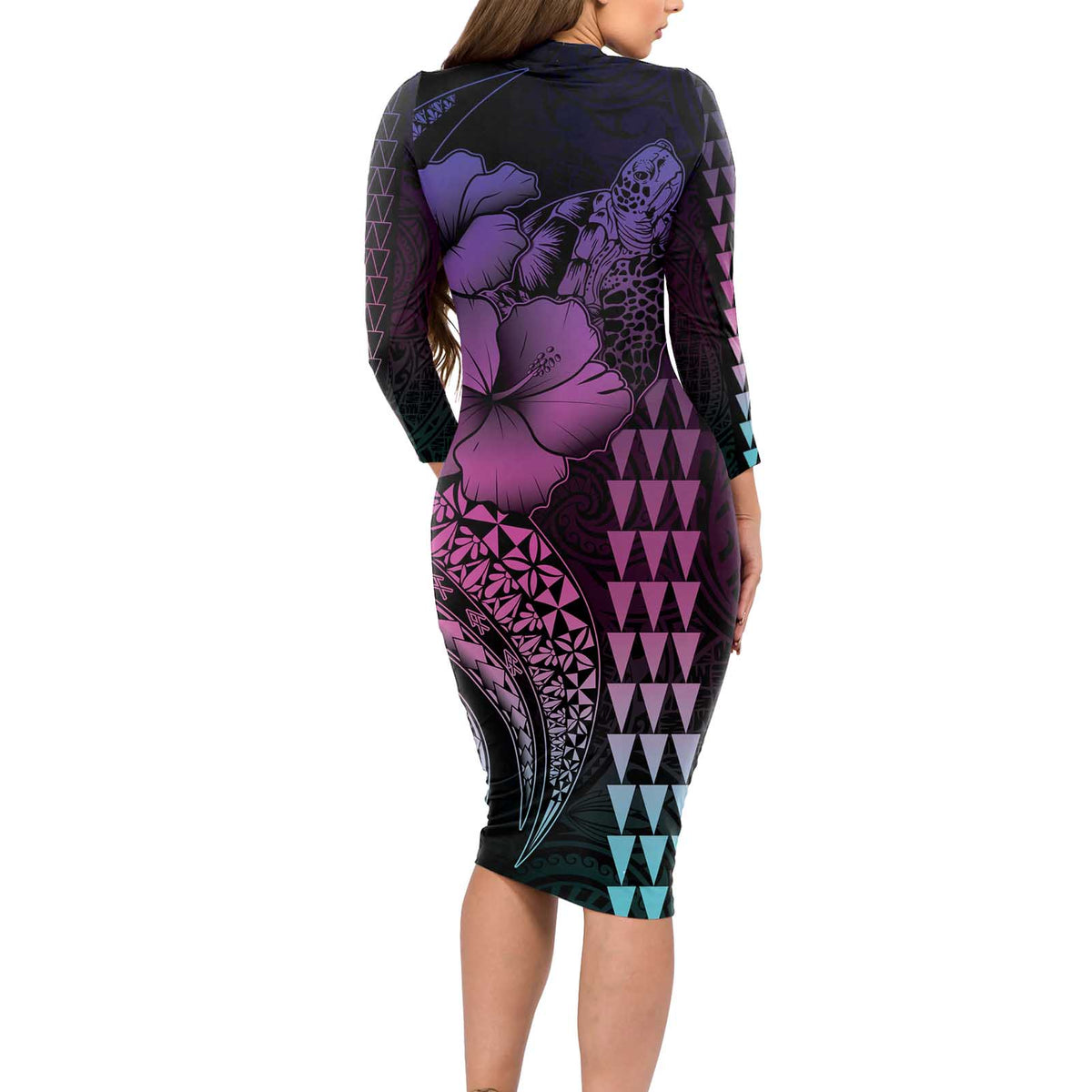 Hawaiian Sea Turtle Long Sleeve Bodycon Dress Pink Hibiscus Flowers and Kakau Pattern