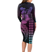 Hawaiian Sea Turtle Long Sleeve Bodycon Dress Pink Hibiscus Flowers and Kakau Pattern