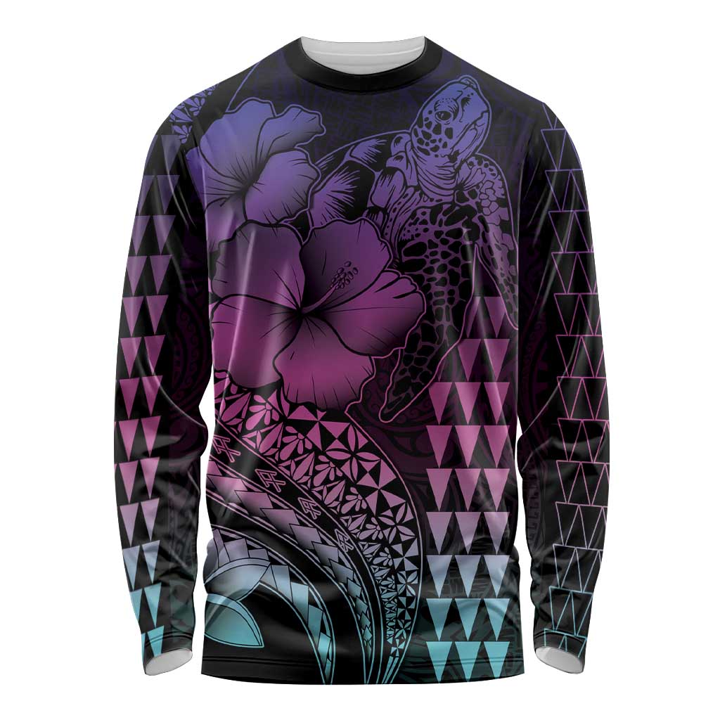 Hawaiian Sea Turtle Long Sleeve Shirt Pink Hibiscus Flowers and Kakau Pattern