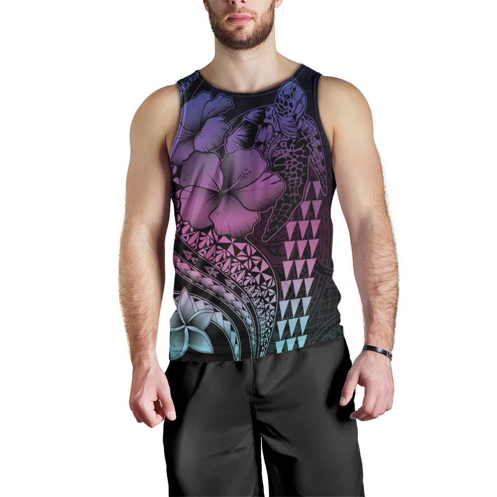 Hawaiian Sea Turtle Men Tank Top Pink Hibiscus Flowers and Kakau Pattern