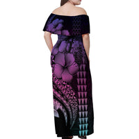 Hawaiian Sea Turtle Off Shoulder Maxi Dress Pink Hibiscus Flowers and Kakau Pattern