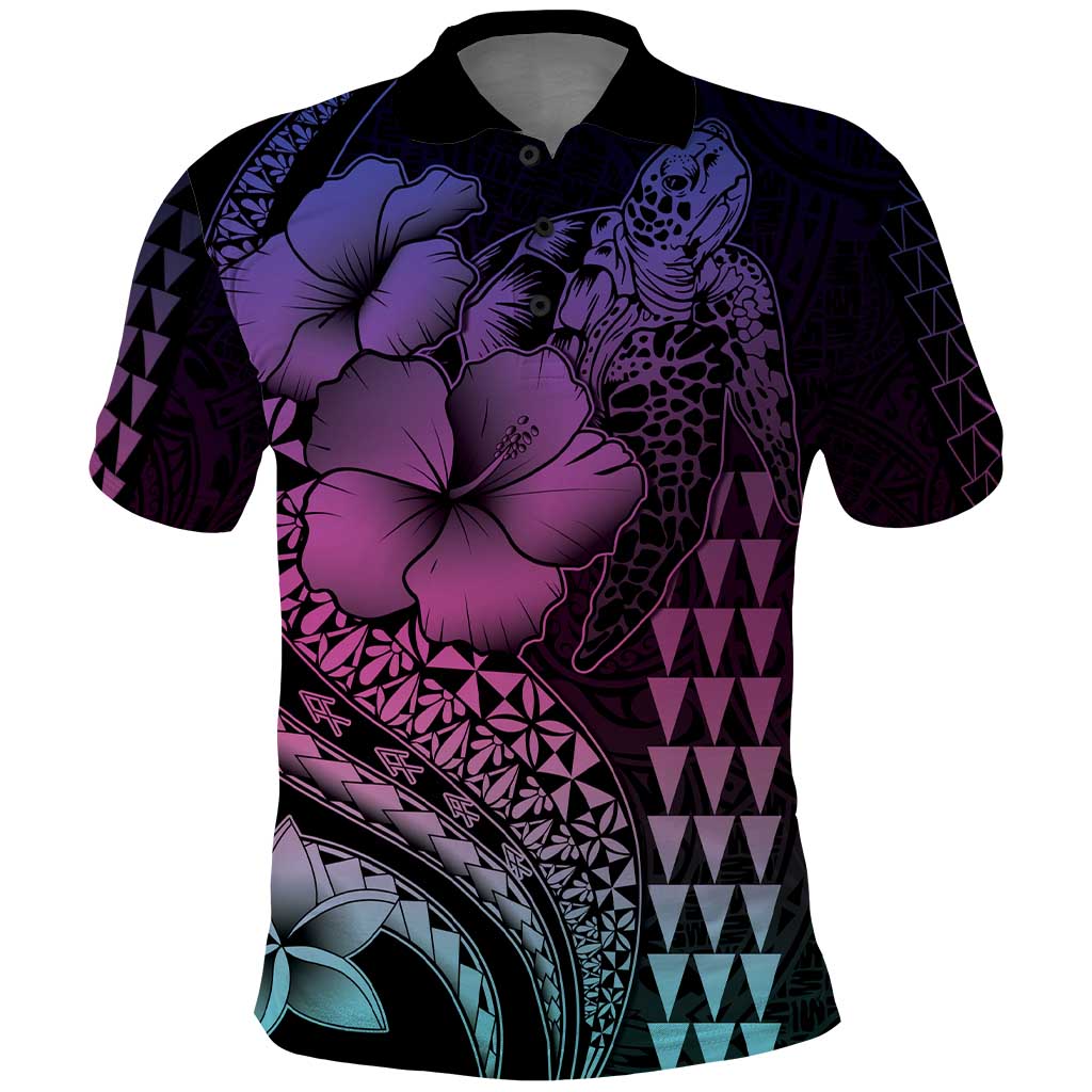 Hawaiian Sea Turtle Polo Shirt Pink Hibiscus Flowers and Kakau Pattern