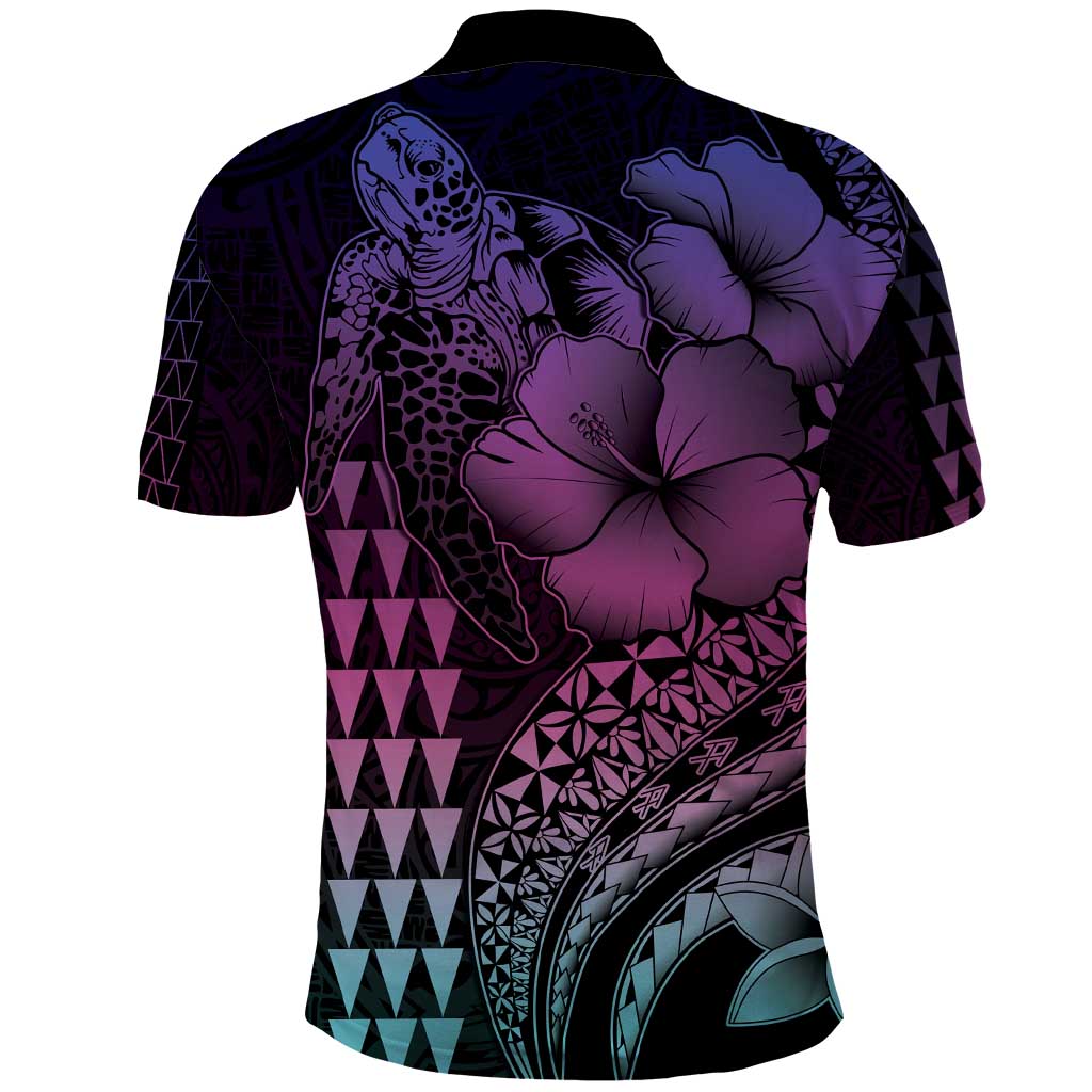 Hawaiian Sea Turtle Polo Shirt Pink Hibiscus Flowers and Kakau Pattern
