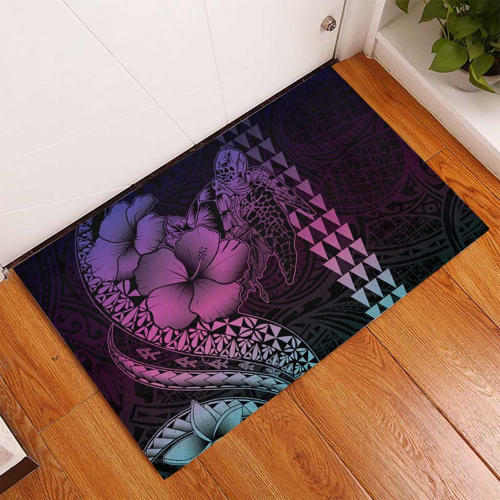 Hawaiian Sea Turtle Rubber Doormat Pink Hibiscus Flowers and Kakau Pattern