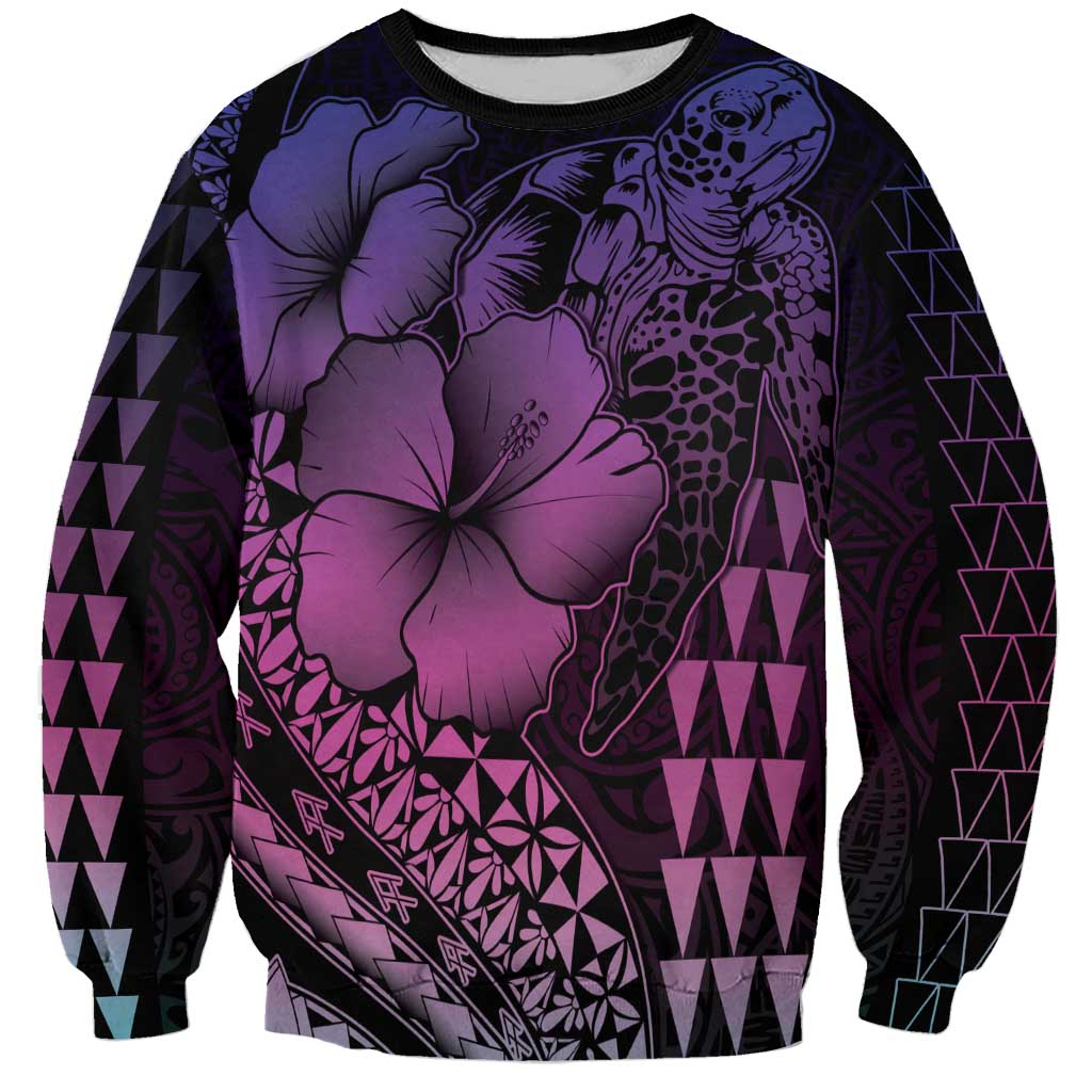 Hawaiian Sea Turtle Sweatshirt Pink Hibiscus Flowers and Kakau Pattern