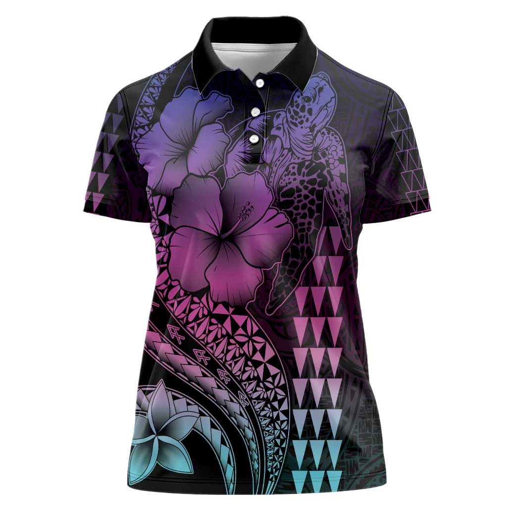 Hawaiian Sea Turtle Women Polo Shirt Pink Hibiscus Flowers and Kakau Pattern